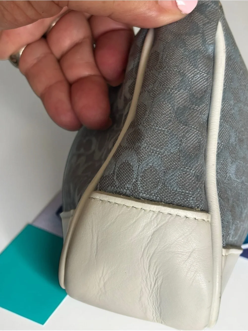 Coach Gray-Blue Signature Jacquard Shoulder Bag with White Trim